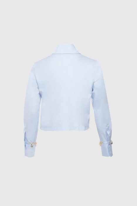Gizia Collar Brooch Sleeve Detailed Pleated Ruffled Blue Shirt. 3