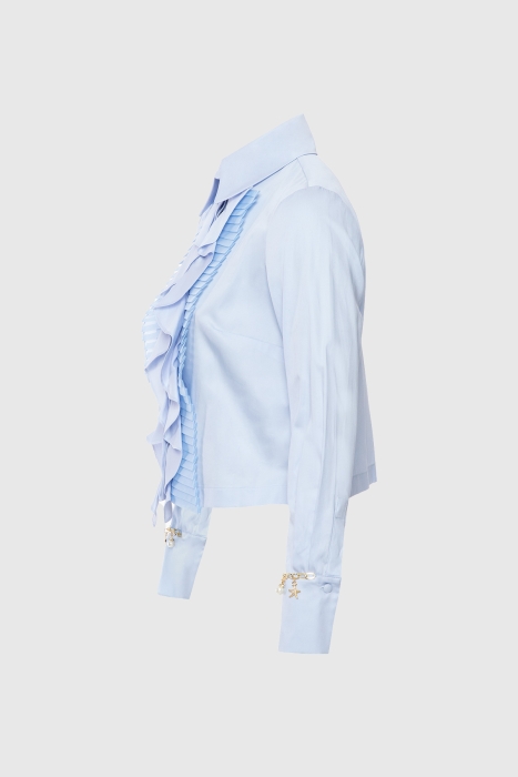 Gizia Collar Brooch Sleeve Detailed Pleated Ruffled Blue Shirt. 2