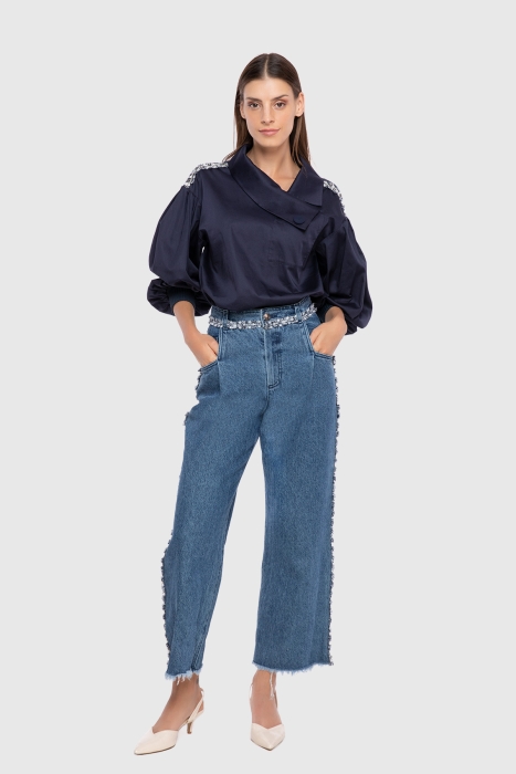 Gizia High Waist Wide Leg Tassel Stripe Detailed Jean Trousers. 1