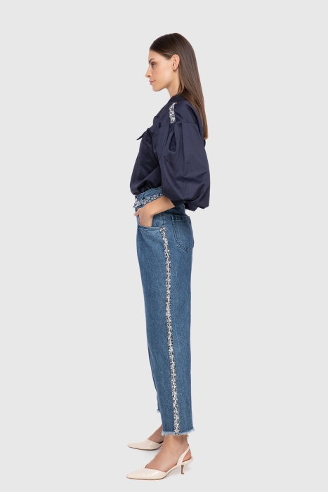 Gizia High Waist Wide Leg Tassel Stripe Detailed Jean Trousers. 2