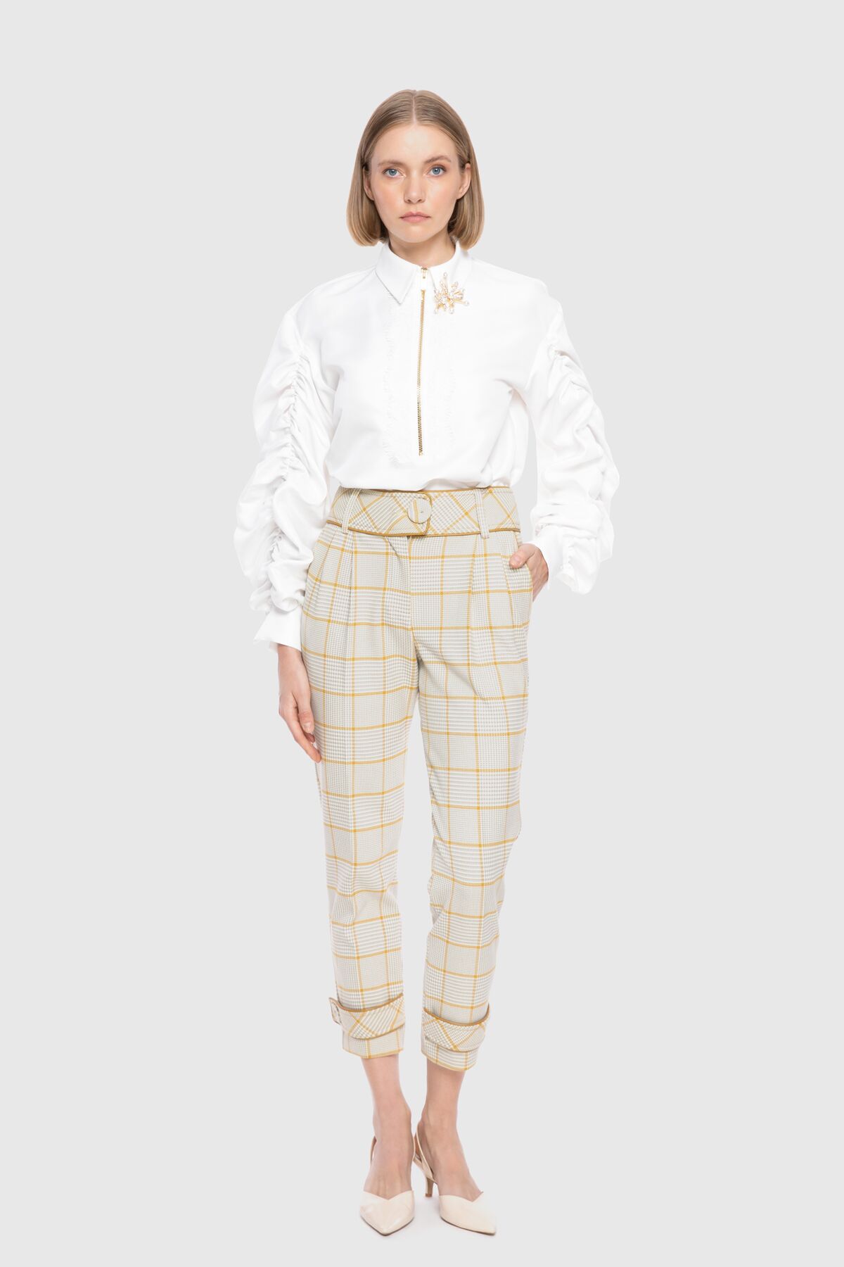  GIZIA - High Waist Leather Piping Detail Plaid Jogger Pants