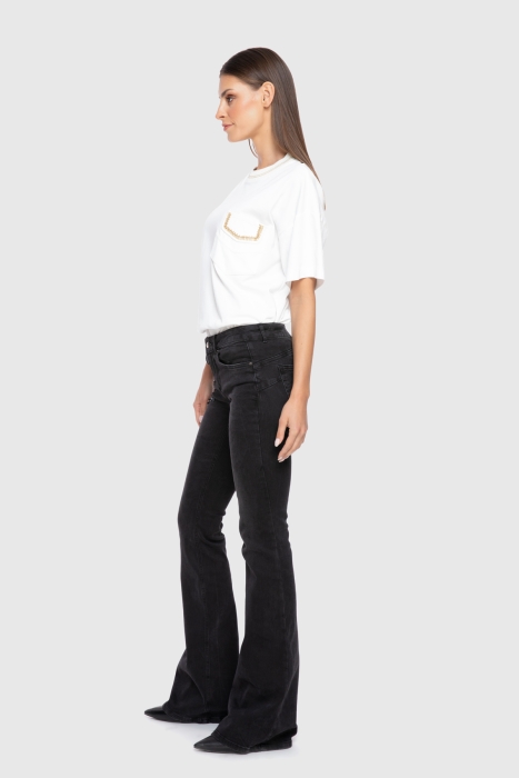 Gizia Bead Embroidery Detailed Bell-Length Black Jean Trousers. 2