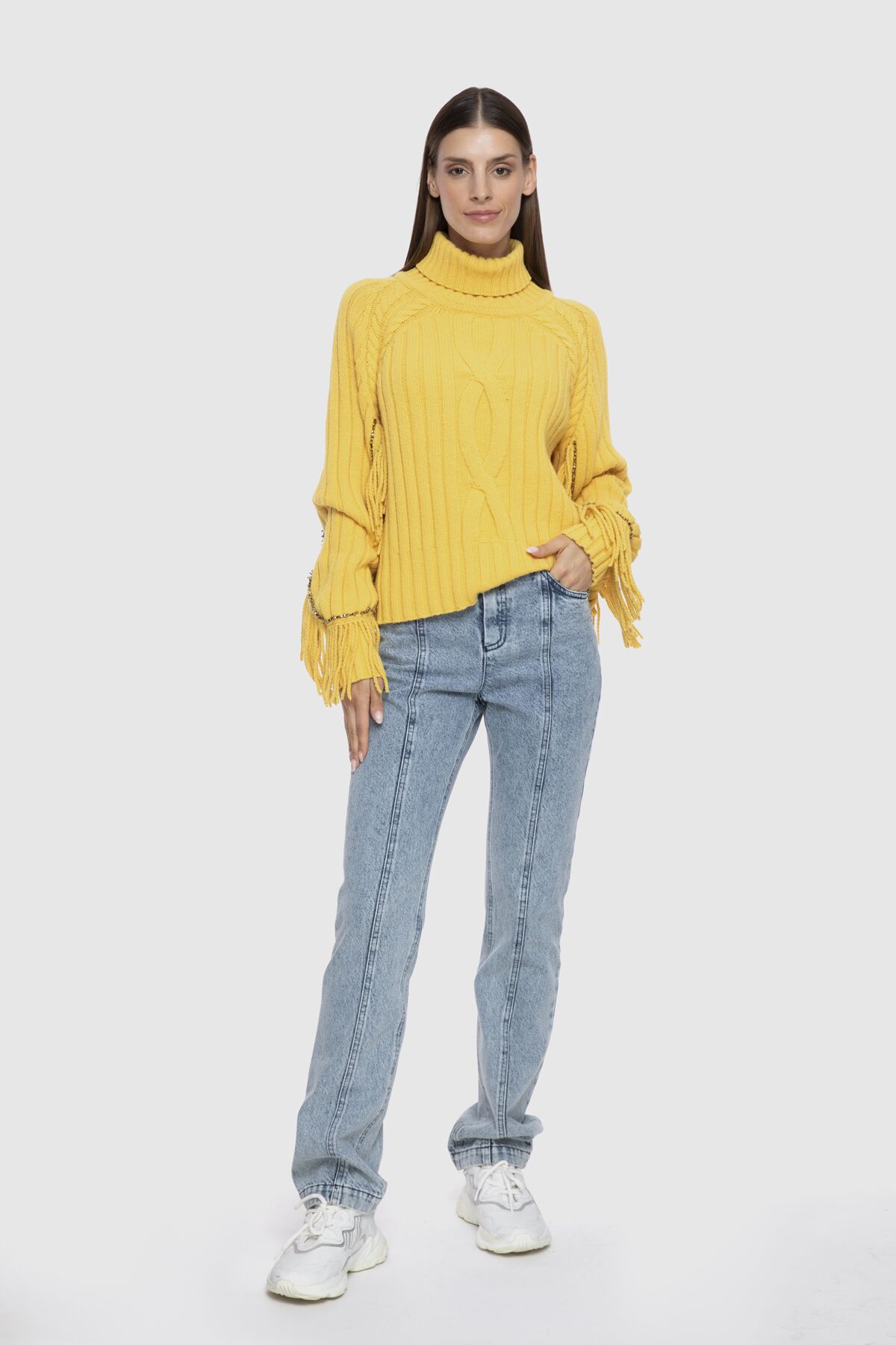  GIZIA - Tassel And Embroidery Detailed Trace Braided Turtleneck Yellow Knitwear Sweater