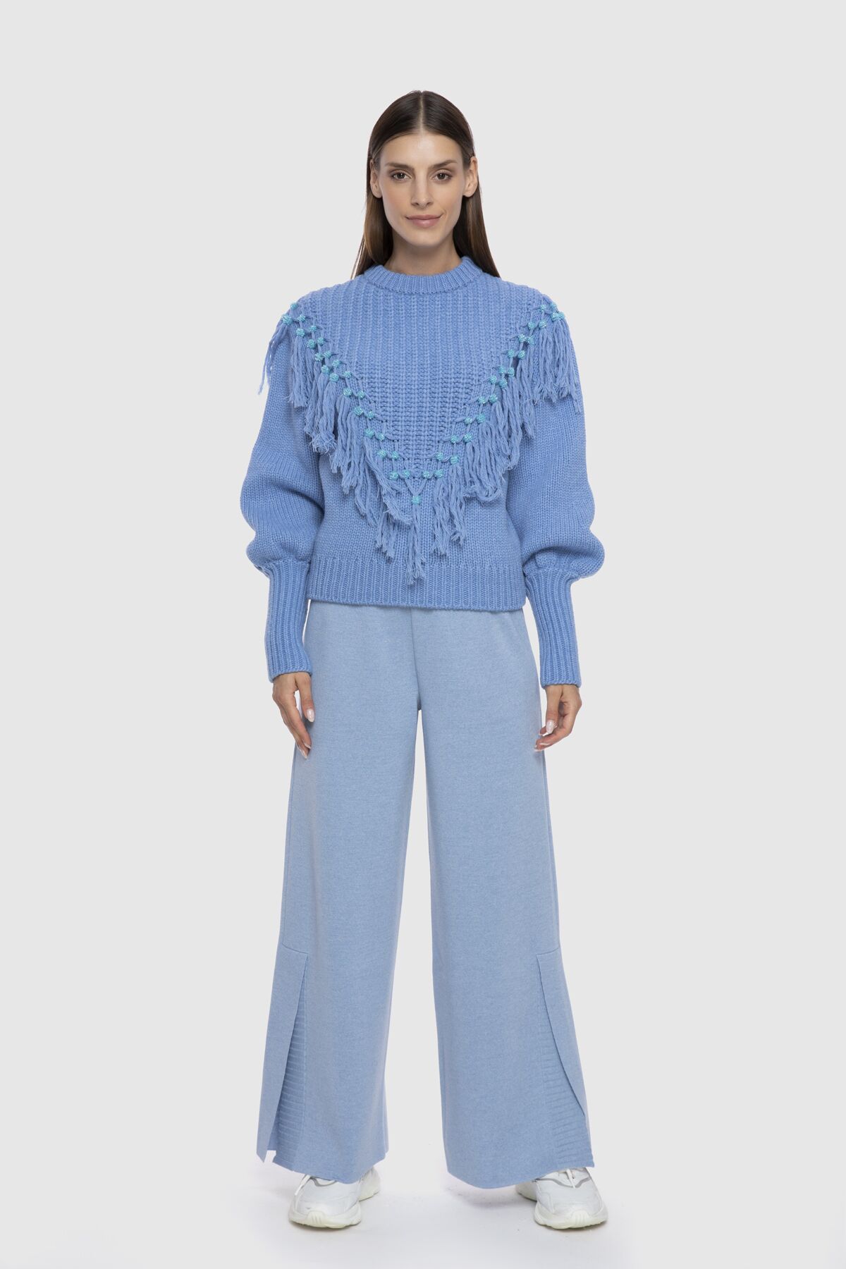  GIZIA - Embroidered And Tassel Detailed Twist Sleeve Stand Collar Blue Sweater
