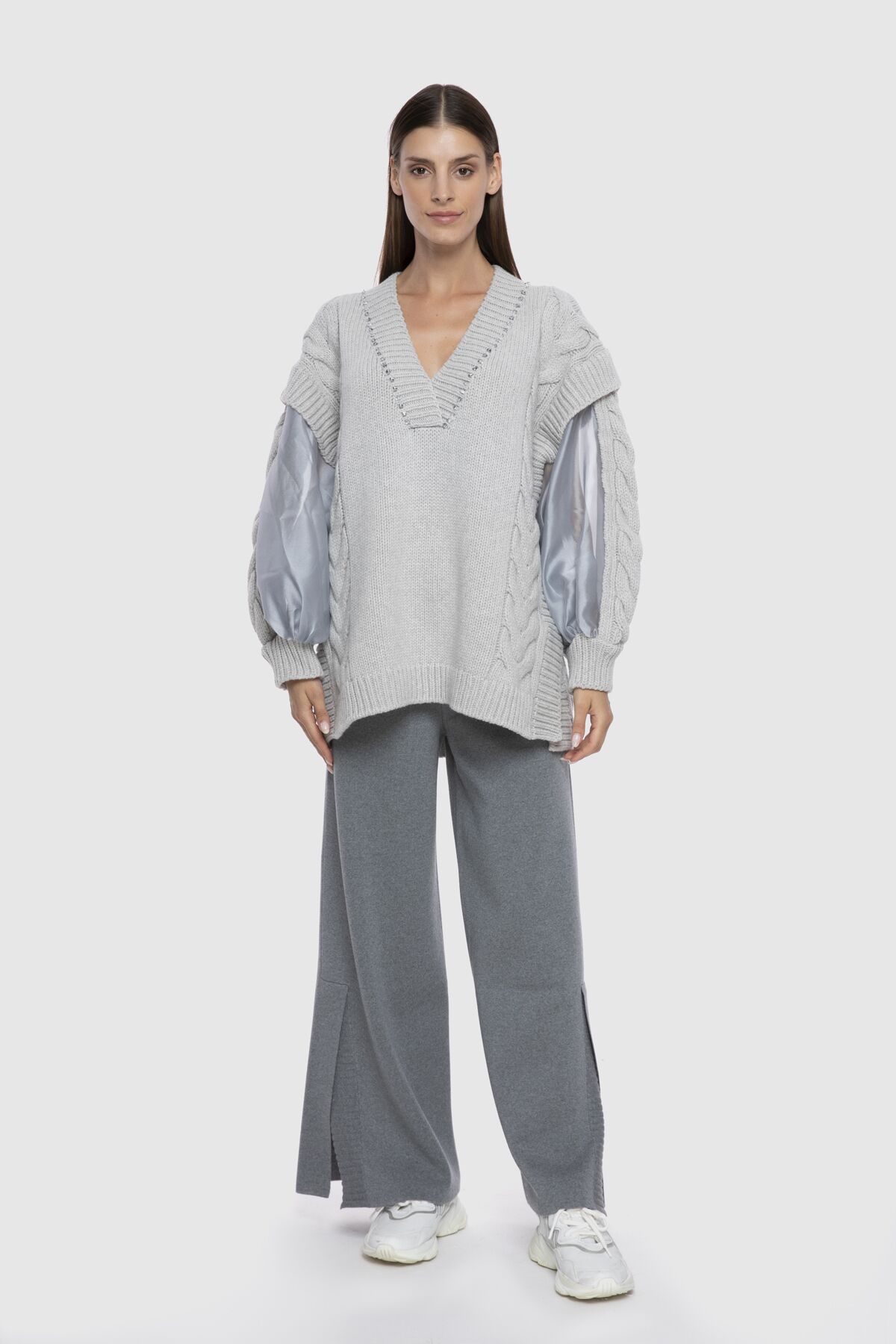  GIZIA - Transparent Balloon Sleeve Gray Knitwear Tunic