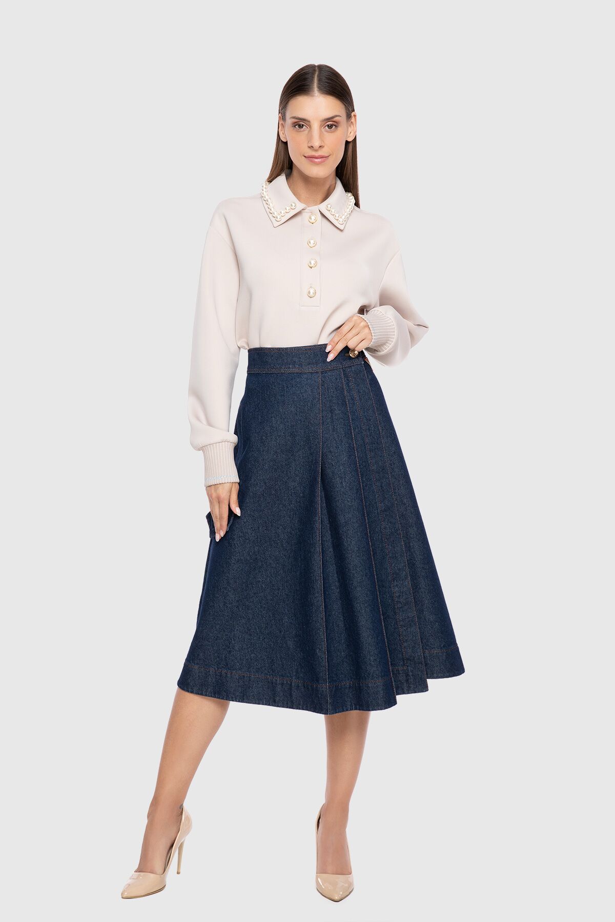  GIZIA - With Logo High Waist Stitched Detail Midi Length Blue Jean Skirt