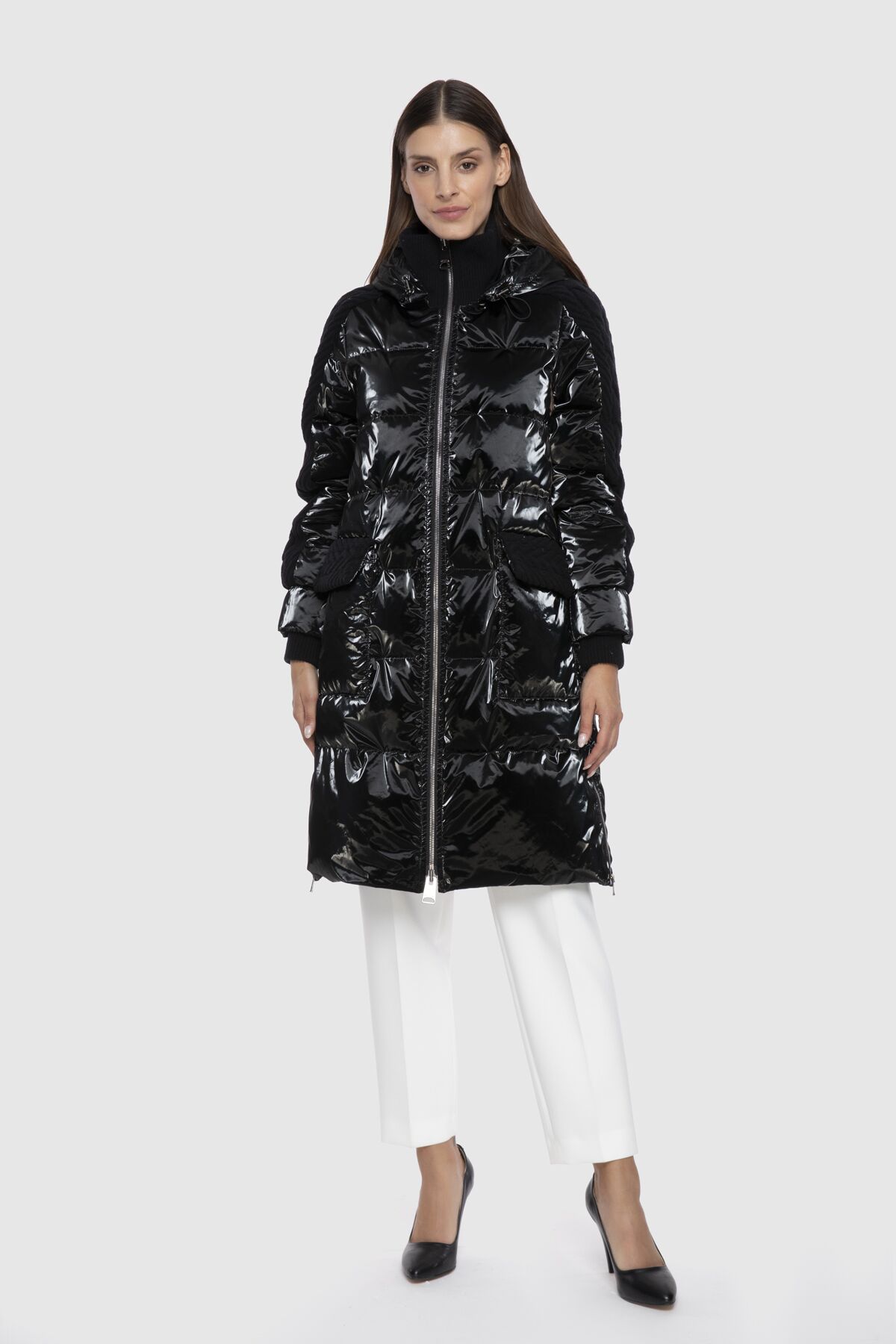  GIZIA - Knitwear Detailed Fur Hooded Black Long Inflatable Coat
