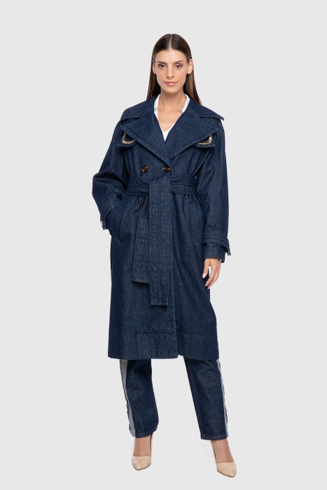 Gizia Beaded Embroidered Roving Stitched Jean Trenchcoat. 1 Gizia Beaded Embroidered Roving Stitched Jean Trenchcoat. 1