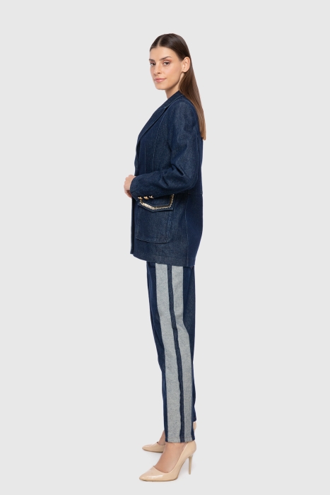 Gizia Ribbed Stitch Detailed Jean Blue Blazer Jacket. 2 Gizia Ribbed Stitch Detailed Jean Blue Blazer Jacket. 2
