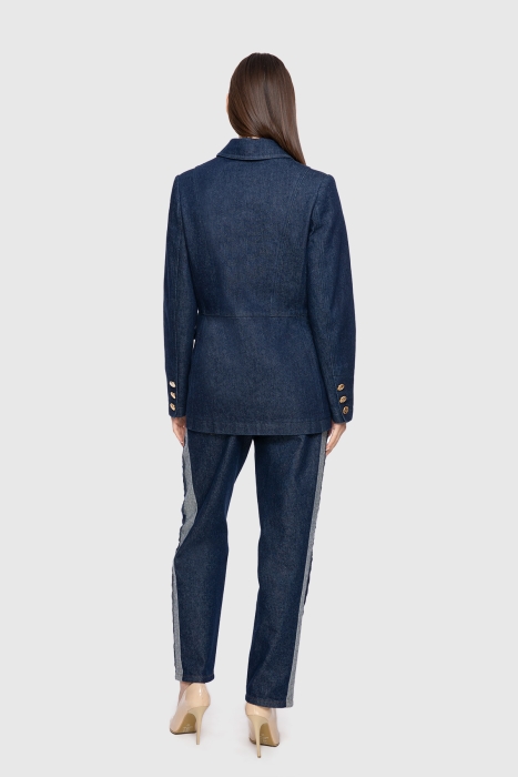 Gizia Ribbed Stitch Detailed Jean Blue Blazer Jacket. 3