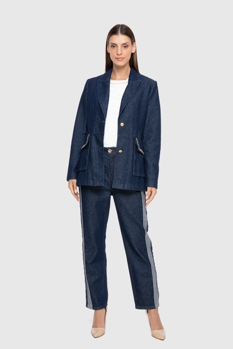 Gizia Ribbed Stitch Detailed Jean Blue Blazer Jacket. 1