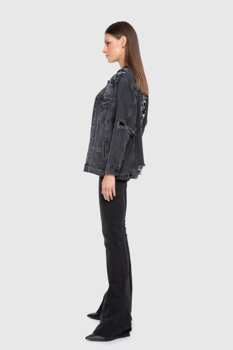 Gizia Embroidered Detailed Back Print Detailed Black Jean Jacket. 2