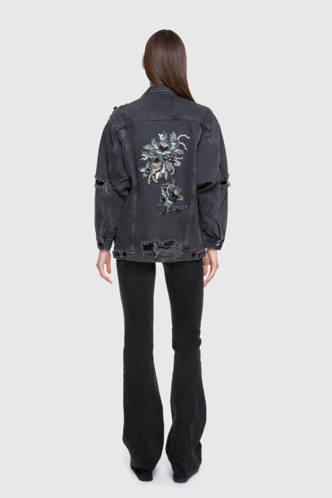 Gizia Embroidered Detailed Back Print Detailed Black Jean Jacket. 3