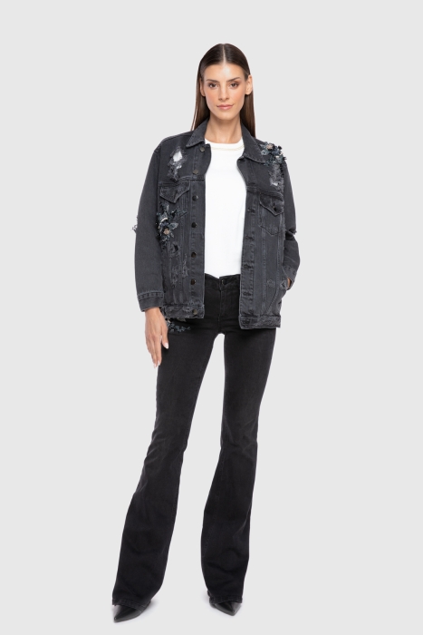 GIZIA - İşleme Detaylı Arkası Baskı Detaylı Siyah Jean Ceket