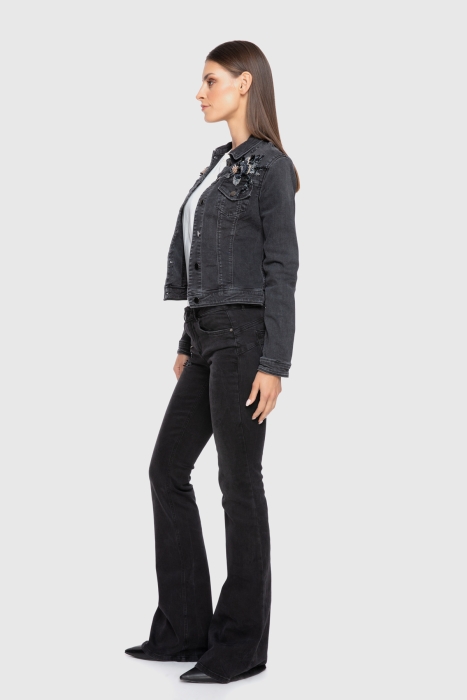 Gizia Bead Embroidery Detailed Black Jean Jacket. 2
