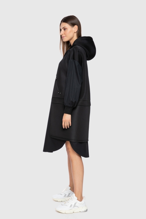 Gizia Contrast Fabric Garnish Hooded Zipper Black Dress. 2
