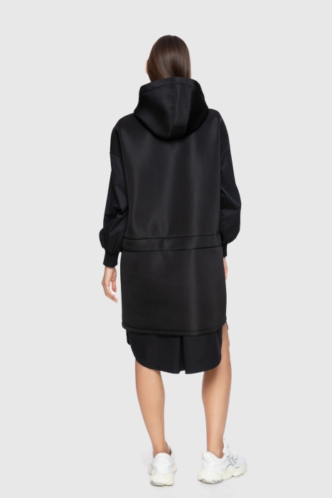 Gizia Contrast Fabric Garnish Hooded Zipper Black Dress. 3