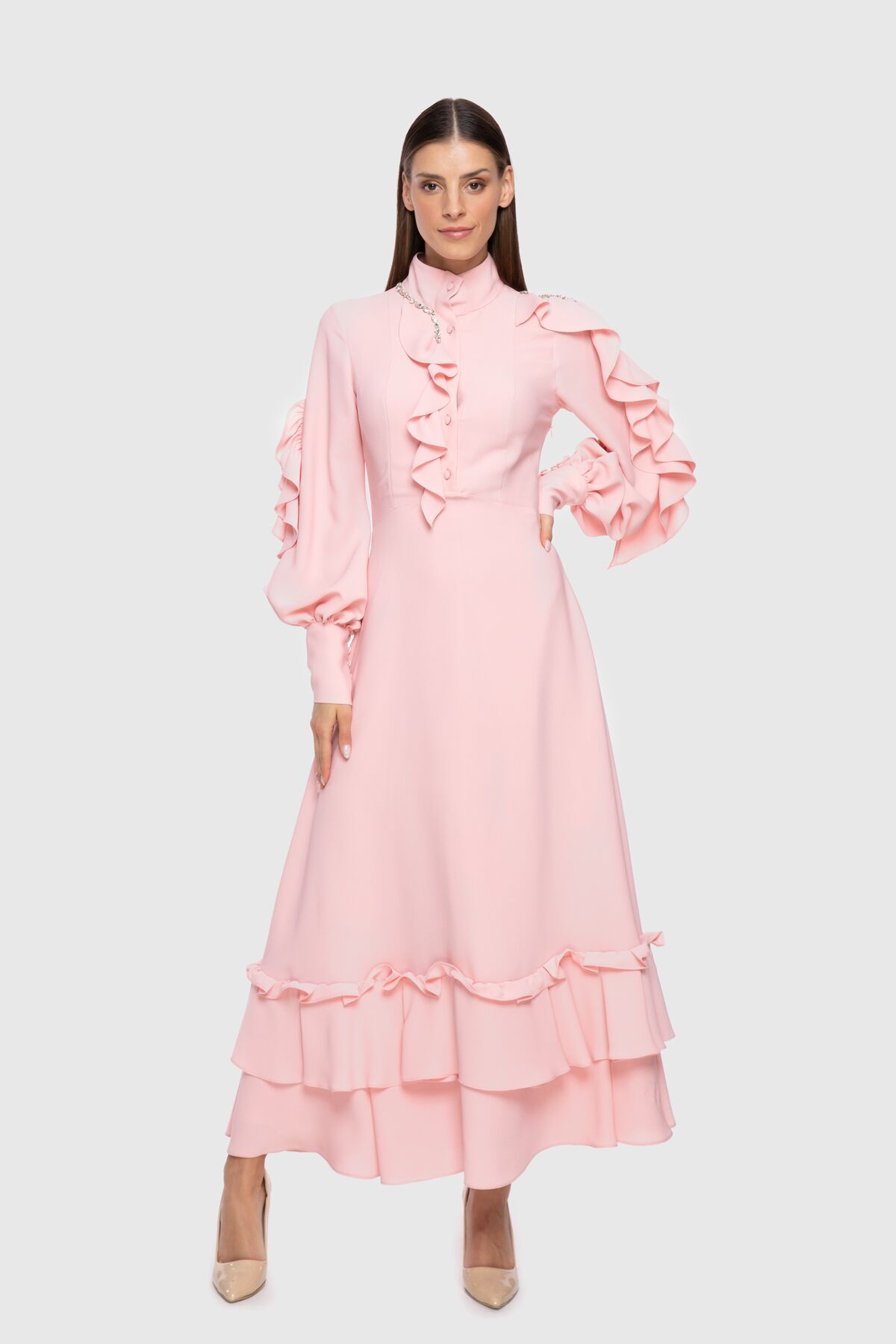  GIZIA - Flywheel And Embroidered Detail Stand Up Collar Pink Crepe Dress