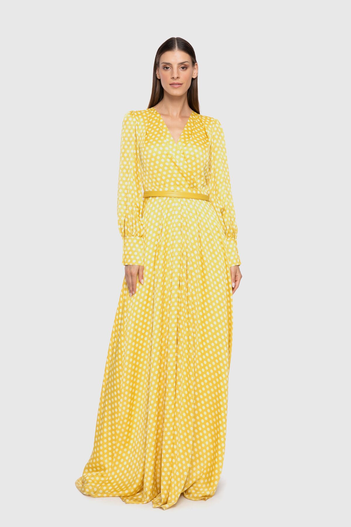 GIZIA - Double Breasted Collar Polka Dot Patterned Long Yellow Dress