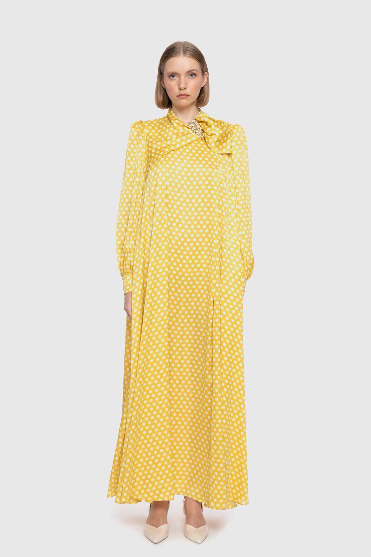  GIZIA - Collar Detailed Long Polka Dot Patterned Yellow Dress