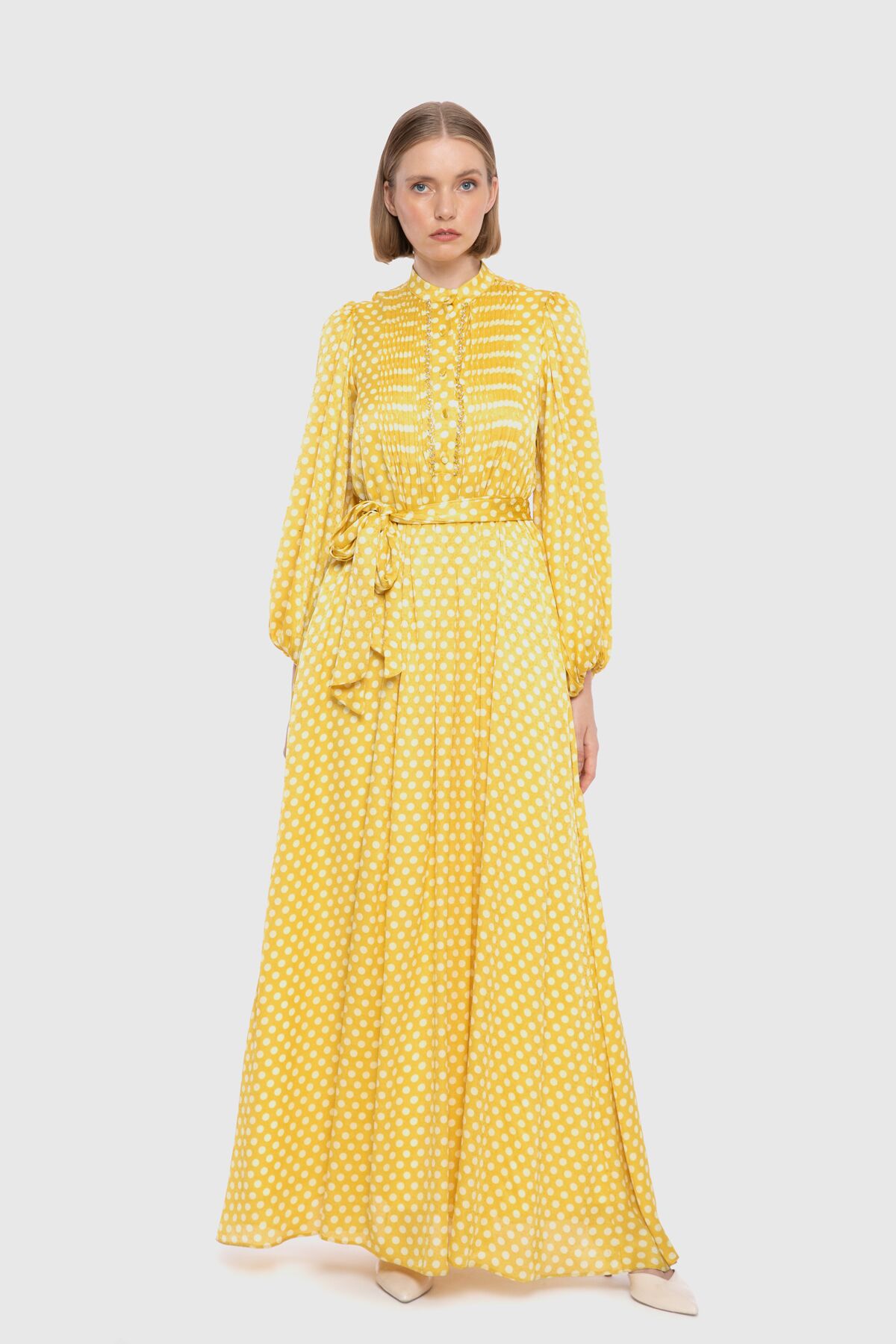  GIZIA - With Pleat Detail On The Front Long Polka Dot Patterned Yellow Dress