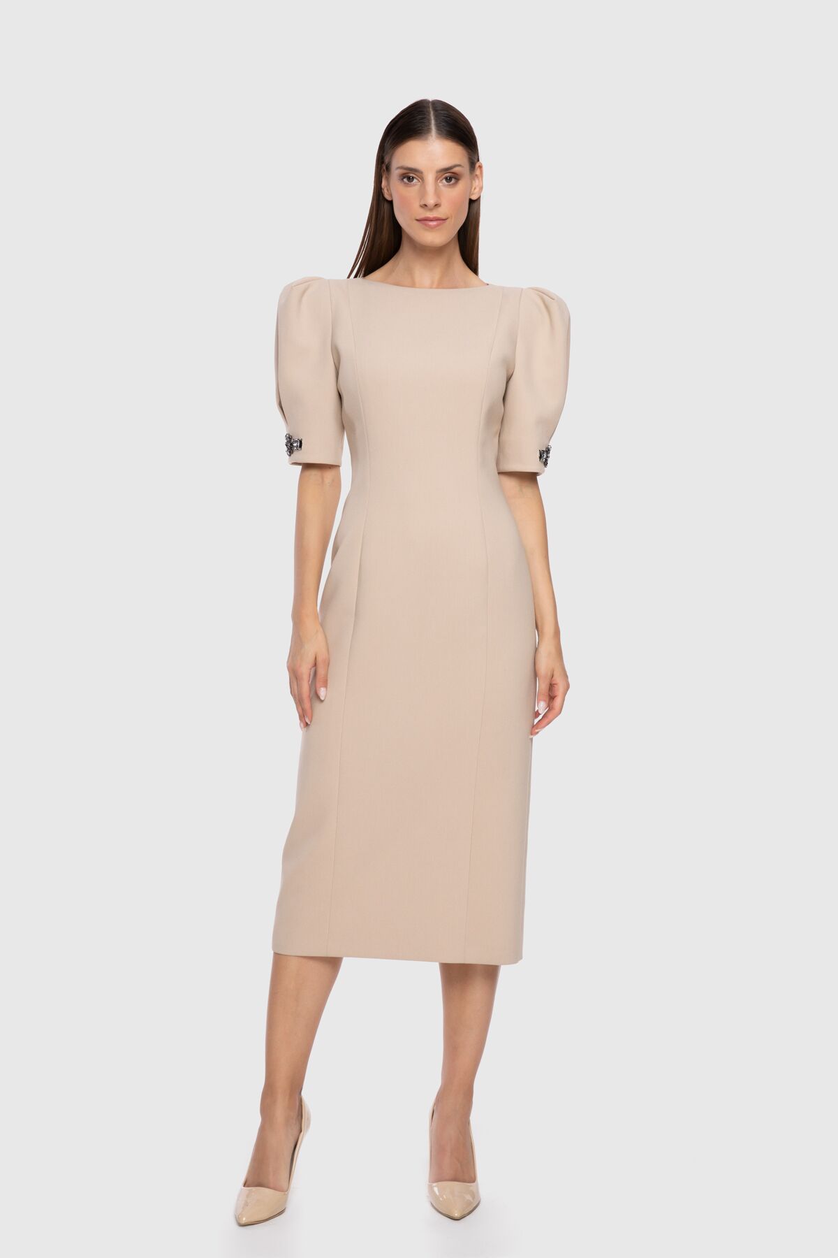  GIZIA - With Embroidered Sleeves Midi Length Classic Beige Cocktail Dress