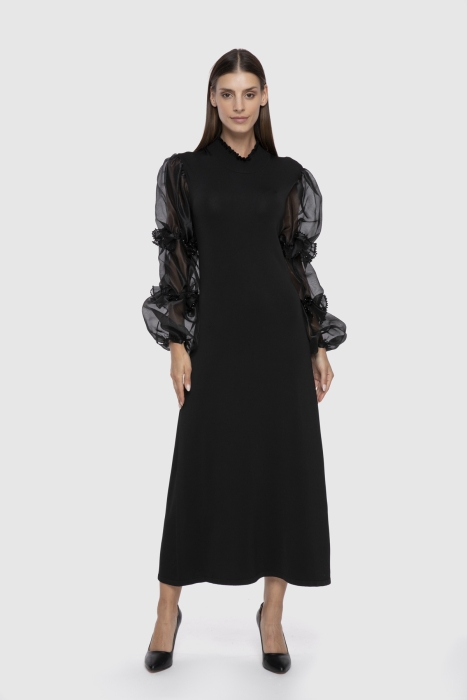 Gizia Black Knitwear Dress With Balloon Sleeves Beaded Embroidered Turtleneck. 1