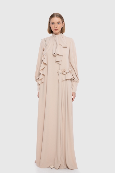 Gizia Flounce And Embroidered Detail Straight Cut Ecru Dress. 1
