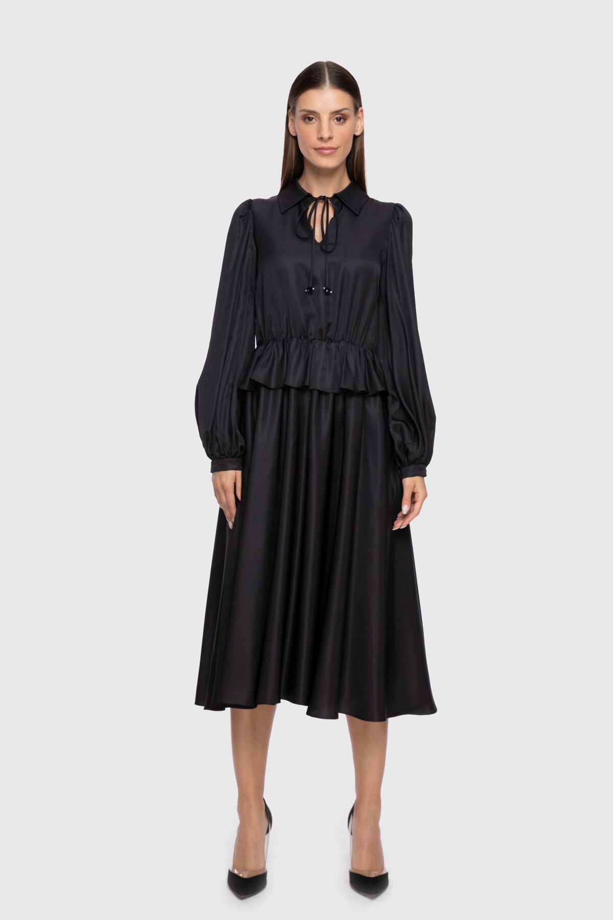  GIZIA - Tie Neck Detailed Skirt Pleated Black Midi Dress
