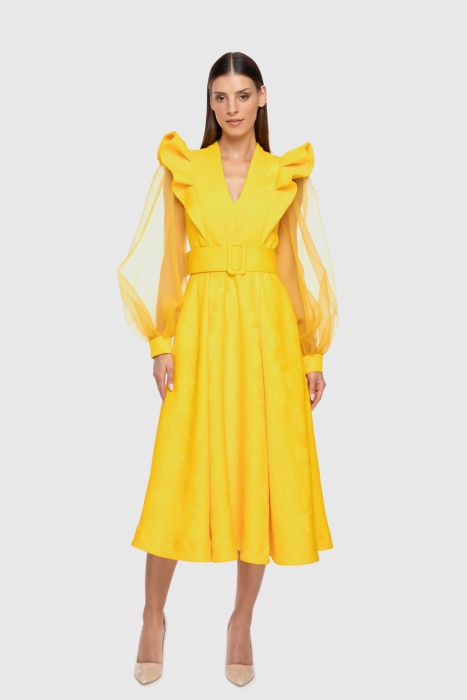 Gizia Sleeves Tulle Detailed Yellow Midi Dress. 1