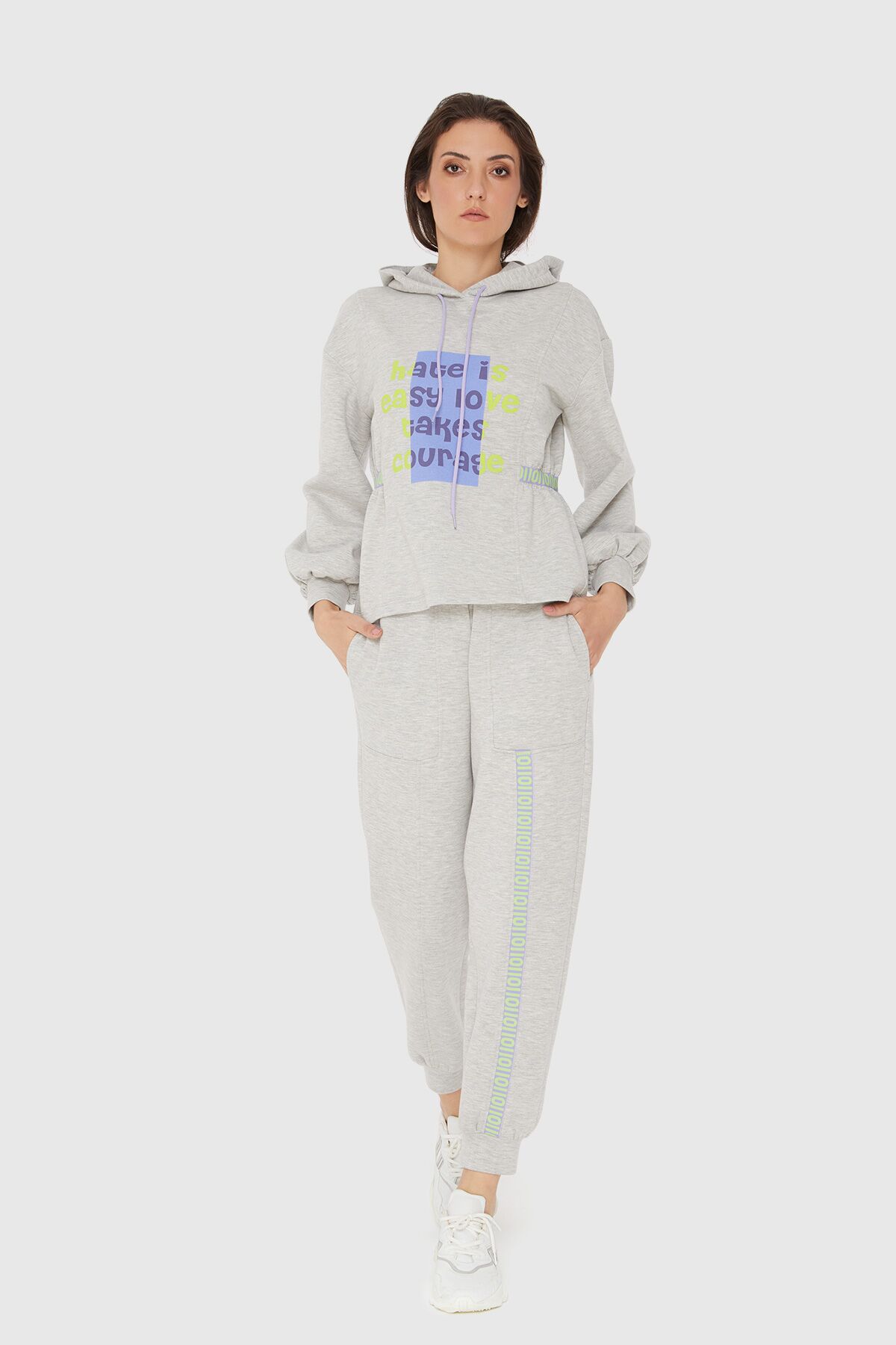 KIWE - Print Detailed Hooded Relaxed Cut Gray Knitted Tracksuit Set