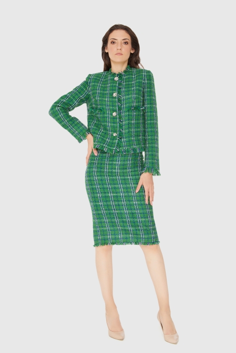 Gizia Stone Button Detailed Checkered Tweed Green Suit. 1