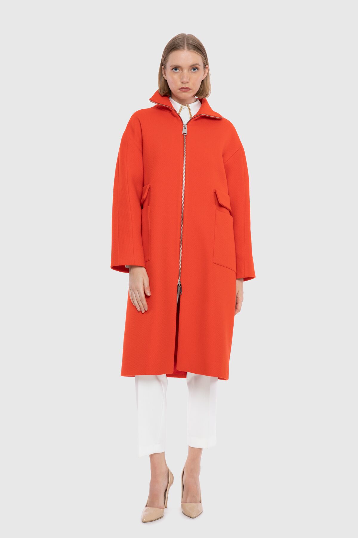 GIZIA - Zipper Detailed Stand Up Collar Red Cachet Coat