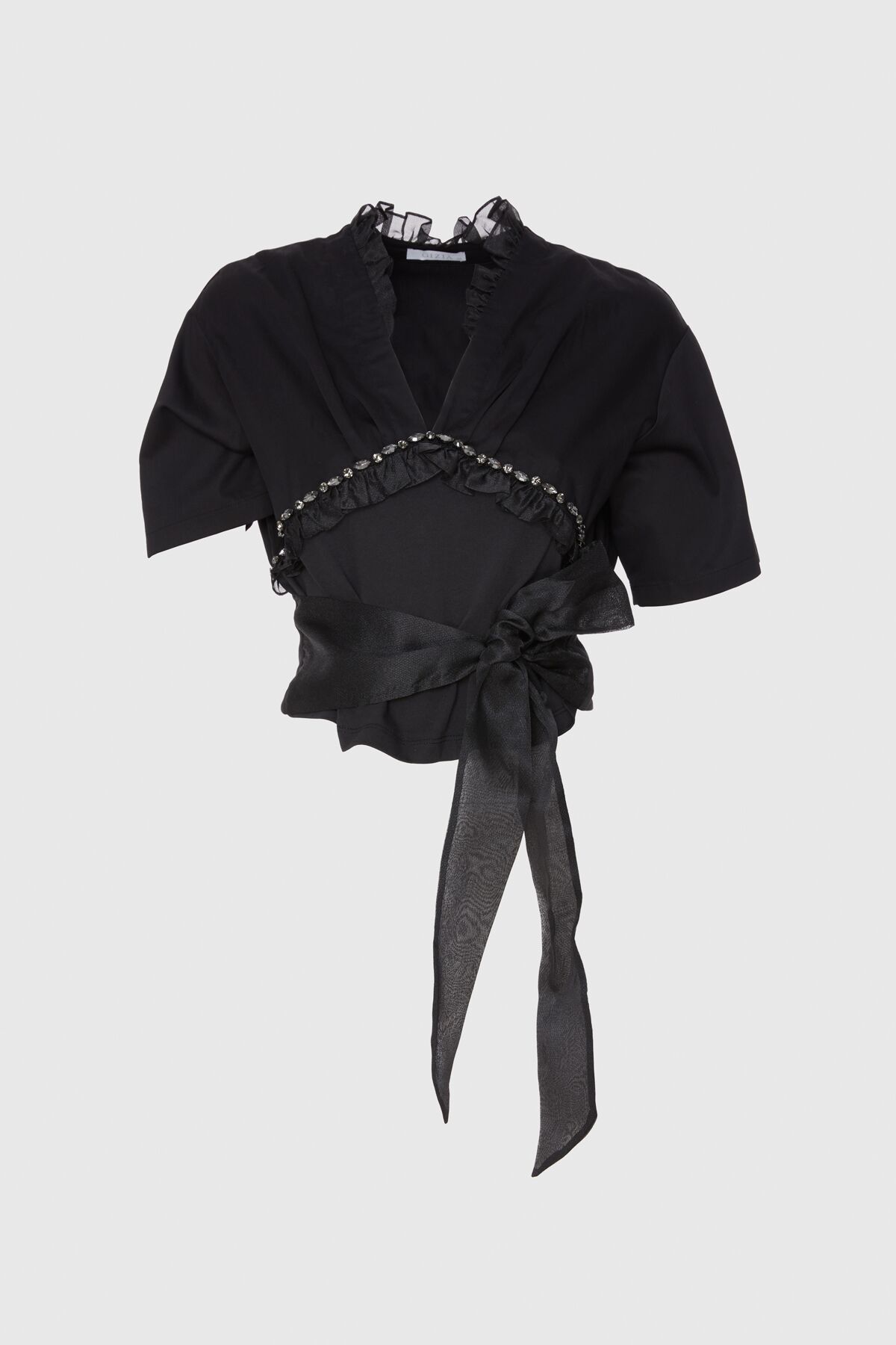  GIZIA - Stone Embroidered Detailed Organza Garnish Knitted Black Blouse