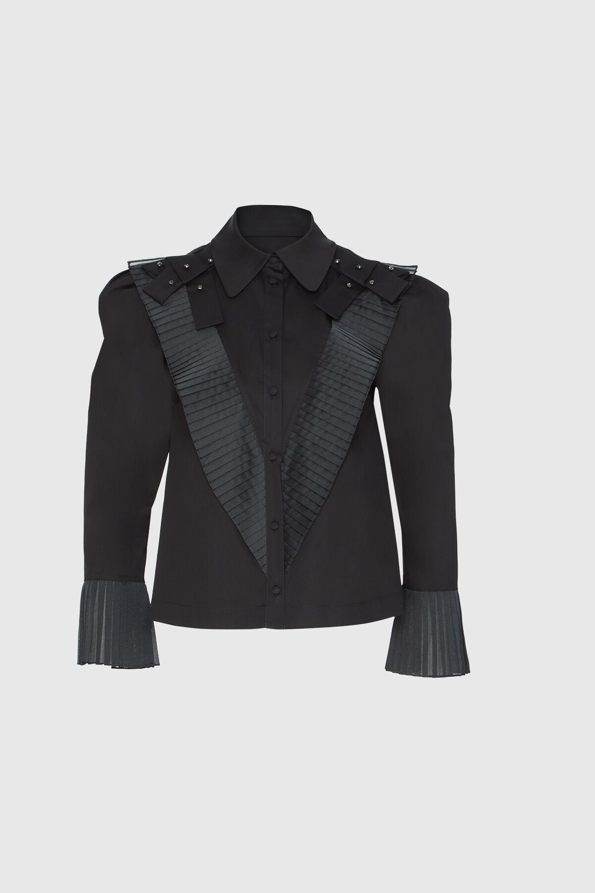  GIZIA - Organza Plisse Detailed Poplin Black Shirt