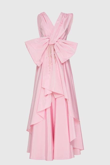 Gizia Long Pink Evening Dress with Front Bow and Embroidered Detail. 1