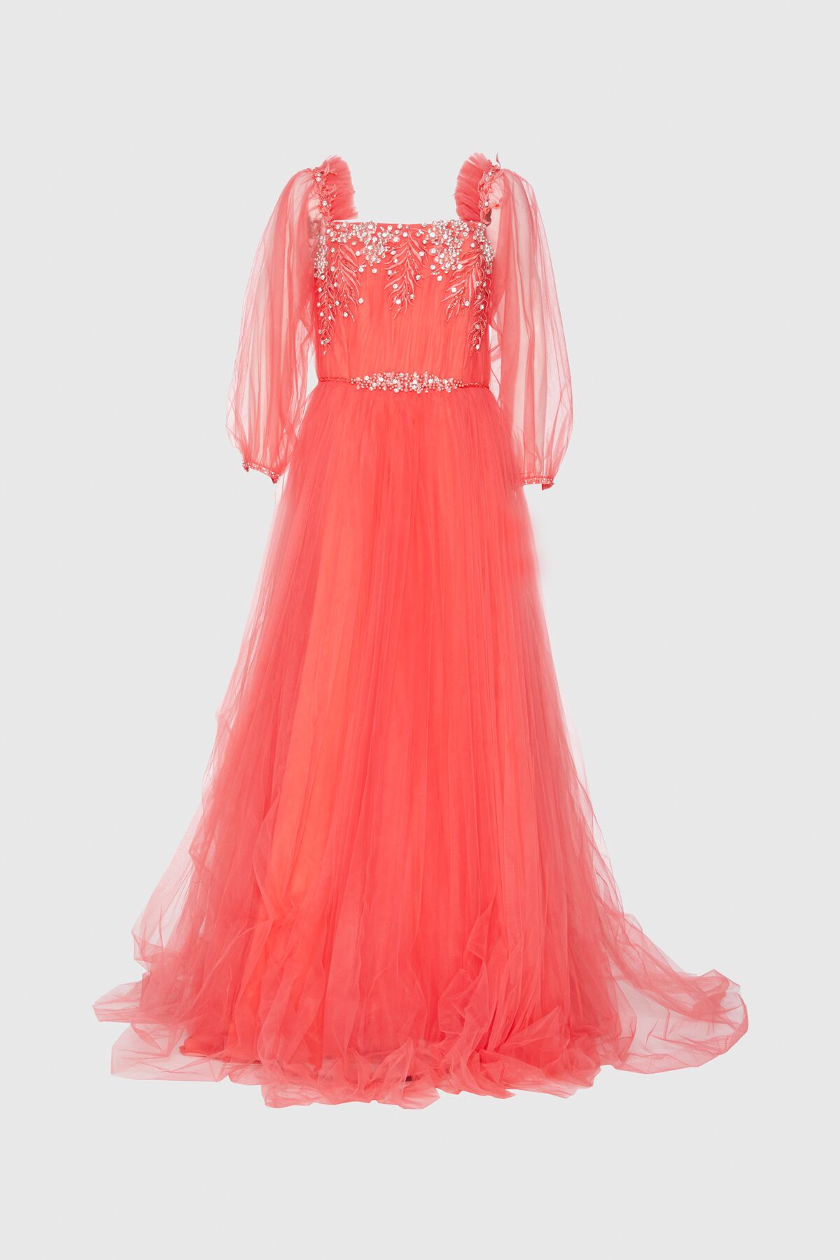  GIZIA - Stone And Tulle Detailed Sleeves Transparent Long Red Evening Dress