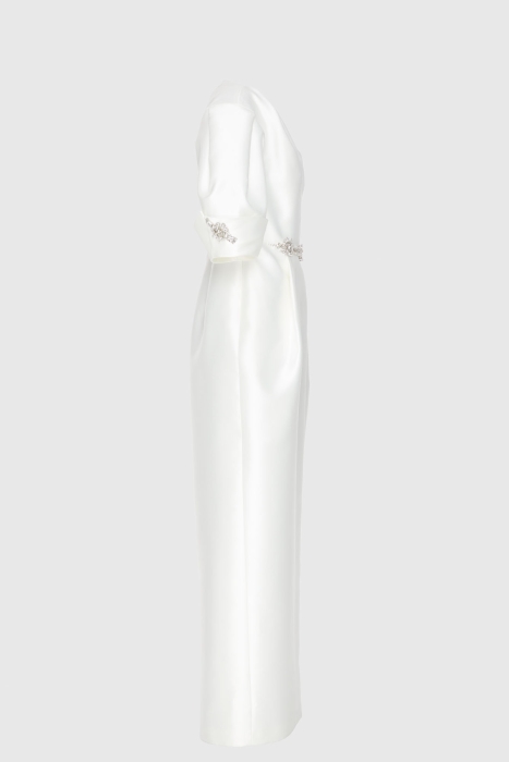 Gizia Stone Accessory Detailed V-Neck Long Ecru Evening Dress. 2