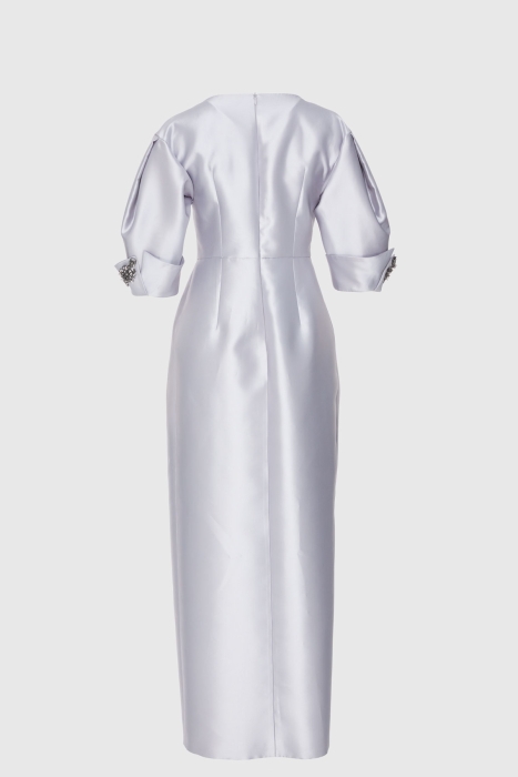 Gizia Stone Accessory Detailed V-Neck Long Grey Evening Dress. 3