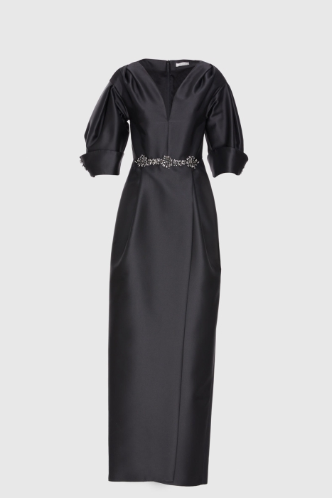 Gizia Stone Accessory Detailed V-Neck Long Black Evening Dress. 1