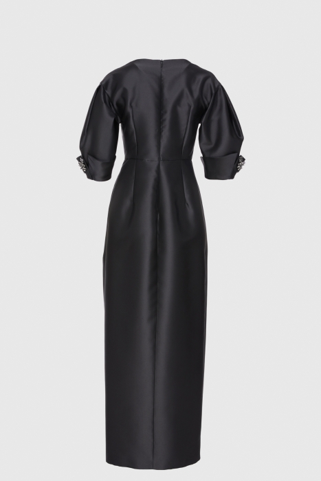 Gizia Stone Accessory Detailed V-Neck Long Black Evening Dress. 3
