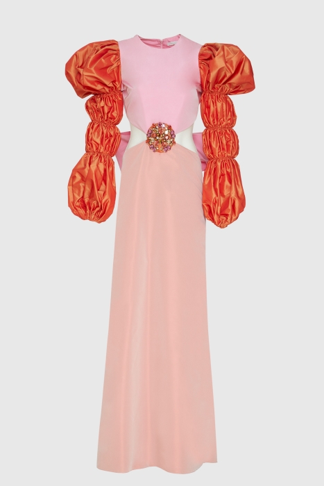 Gizia Decollete Waist and Embroidered Detailed Pink Long Dress. 1