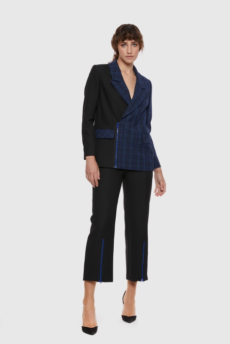 Gizia Zipper Detailed Double Breasted Closure Plaid Navy Blue Suit. 1