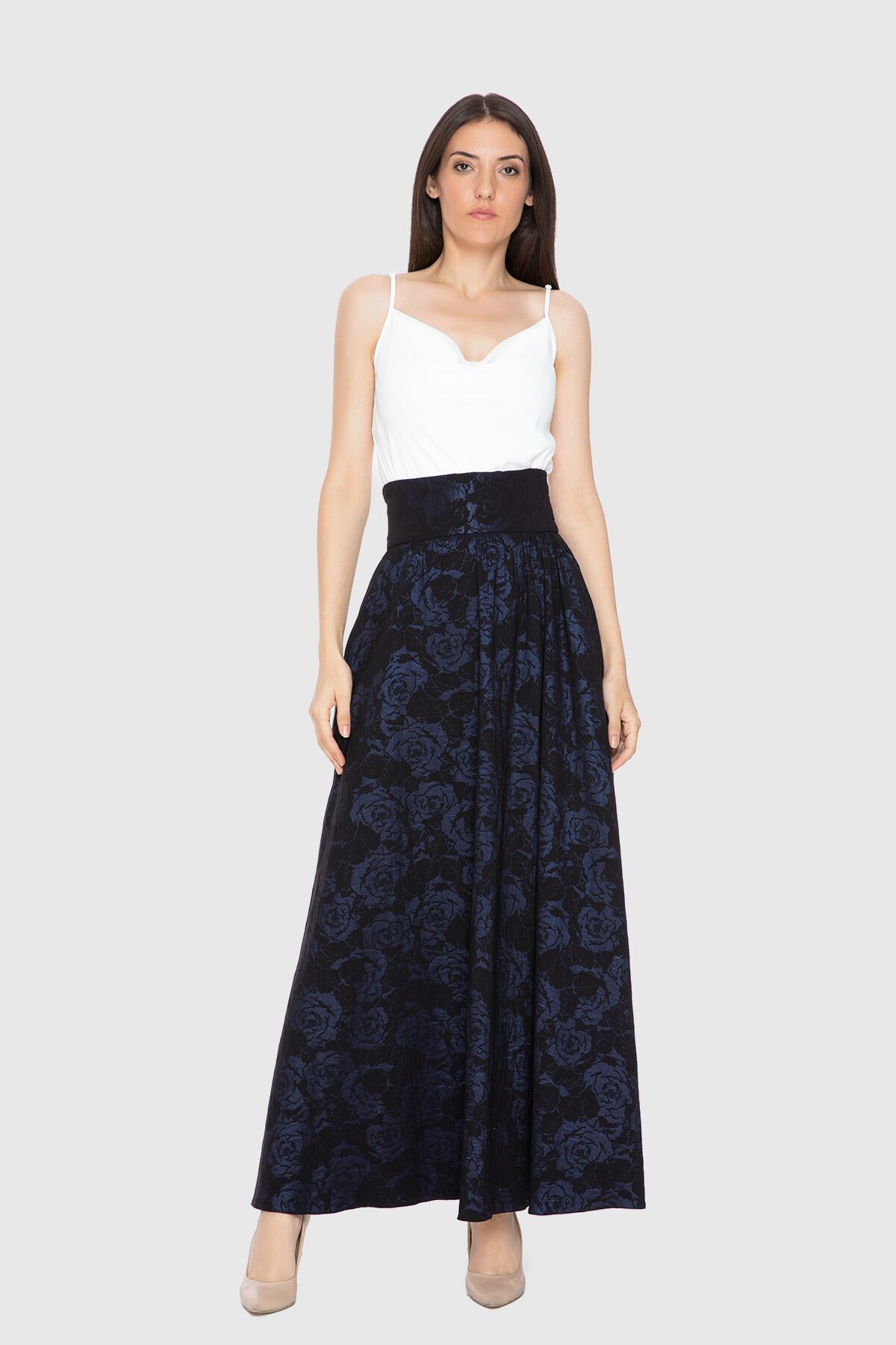  GIZIA - Patterned Flared Long Navy Blue Skirt