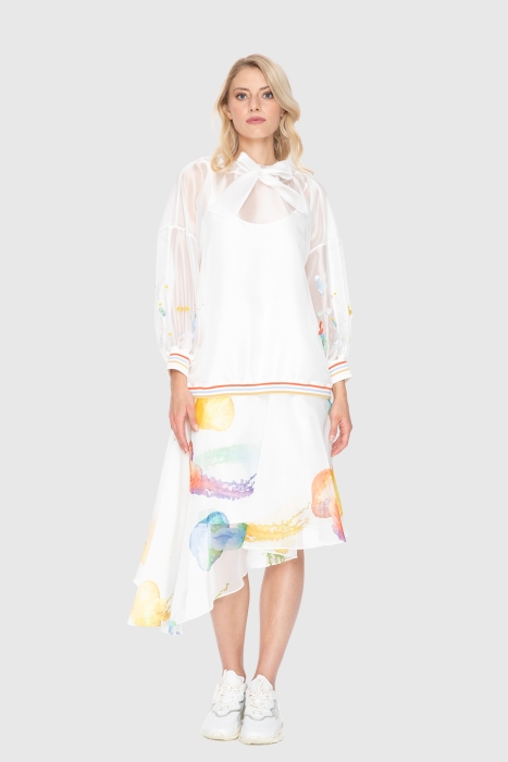 Gizia Bow Detailed Colorful Embroidered Organza Transparent Ecru Sweatshirt. 1