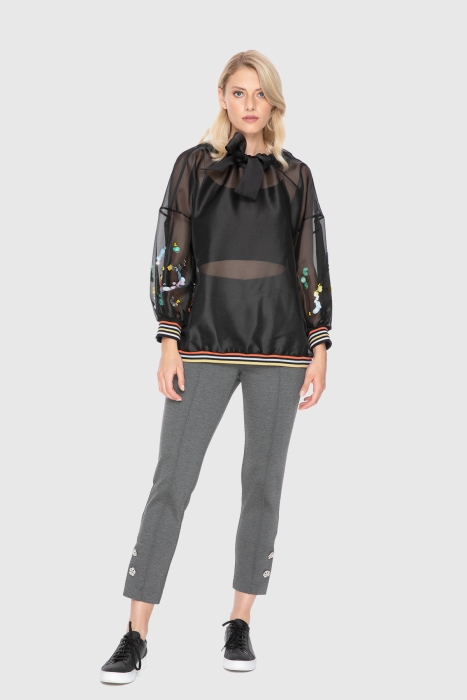 Gizia Bow Detailed Colorful Embroidered Organza Transparent Black Sweatshirt. 1