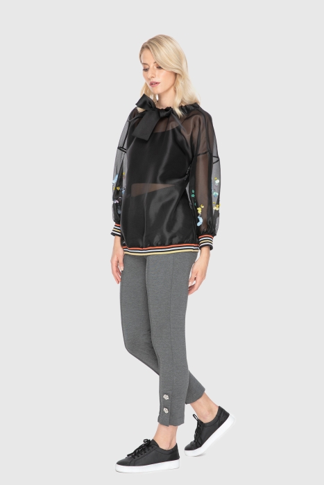 Gizia Bow Detailed Colorful Embroidered Organza Transparent Black Sweatshirt. 2