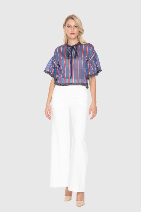 Gizia Embroidered Stripe Detailed Sheer Striped Short Blouse. 1