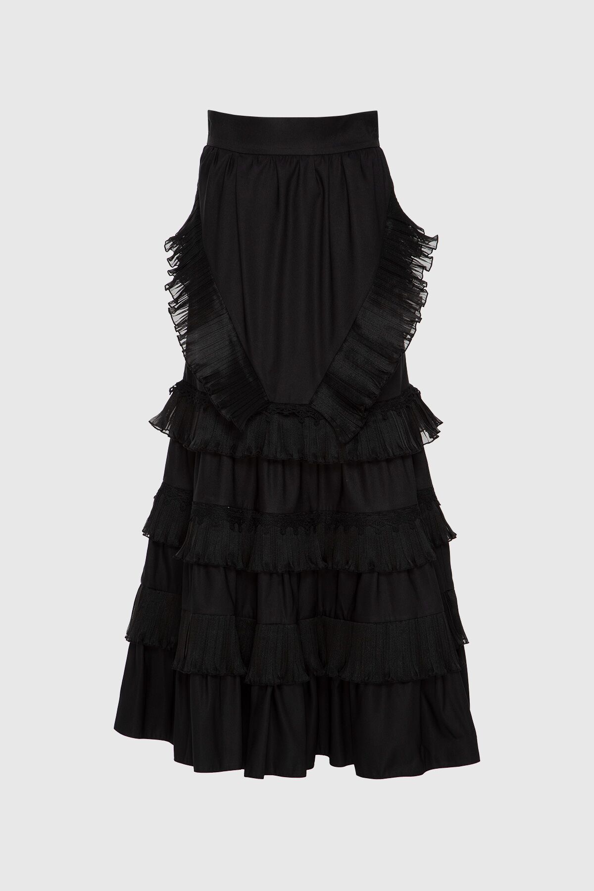  GIZIA - High Waist Organza Pleat And Lace Detail Long Black Skirt