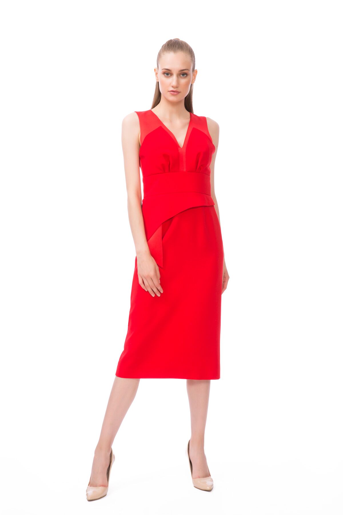 GIZIA - V Neck Sleeveless Midi Length Red Dress